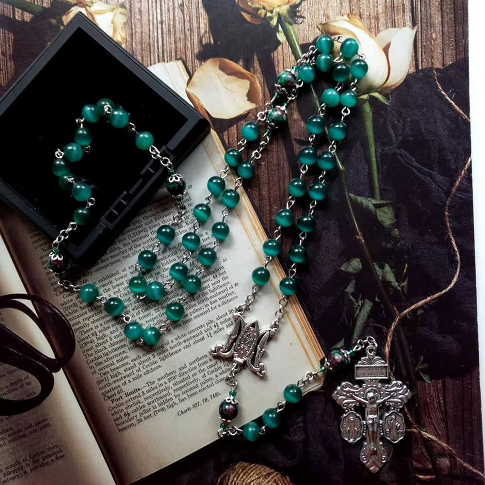 christiandiscipleshop Miraculous Medal & St. Benedict Medal & Crucifix of 8 mm Round Green Cat's Eye Stone Alloy Chain Rosary