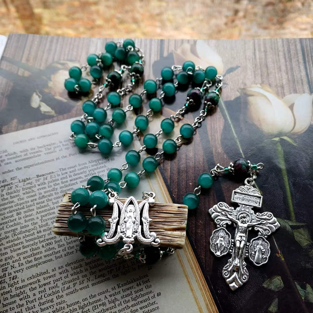 christiandiscipleshop Miraculous Medal & St. Benedict Medal & Crucifix of 8 mm Round Green Cat's Eye Stone Alloy Chain Rosary