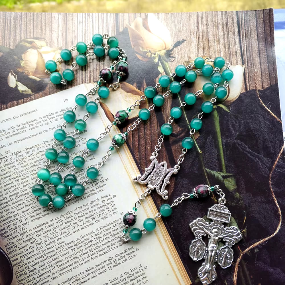christiandiscipleshop Miraculous Medal & St. Benedict Medal & Crucifix of 8 mm Round Green Cat's Eye Stone Alloy Chain Rosary