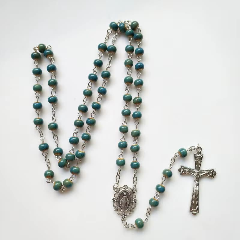 christiandiscipleshop Miraculous Medal & Crucifix of 6 mm Round Blue Ceramic Alloy Chain Rosary