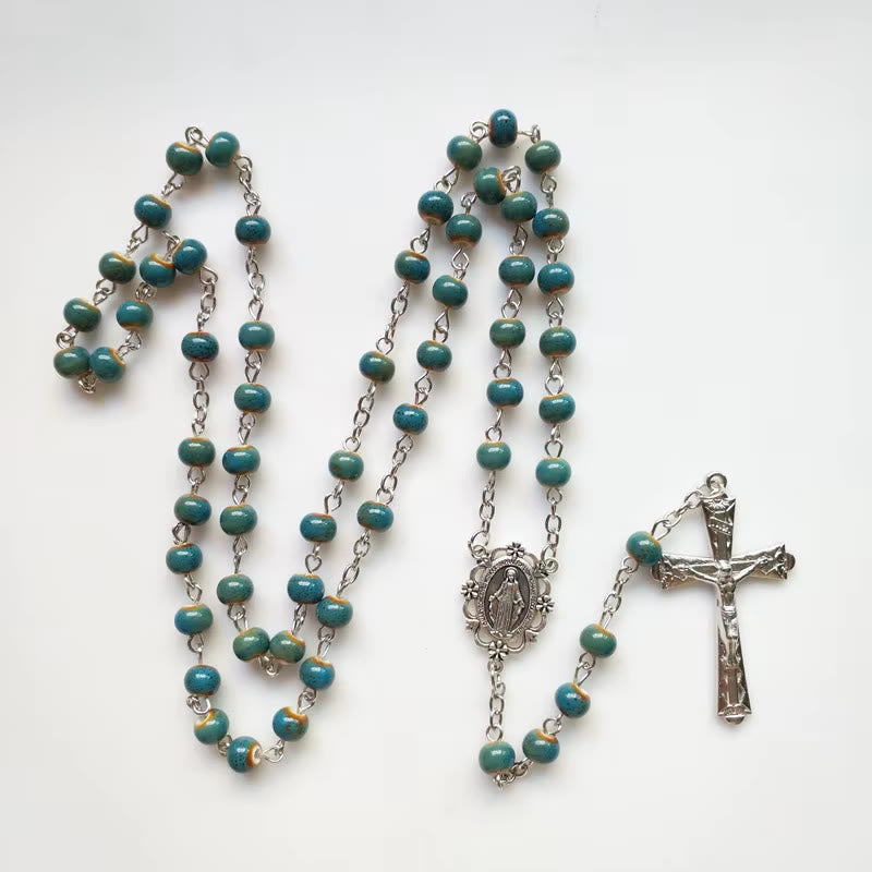 christiandiscipleshop Miraculous Medal & Crucifix of 6 mm Round Blue Ceramic Alloy Chain Rosary
