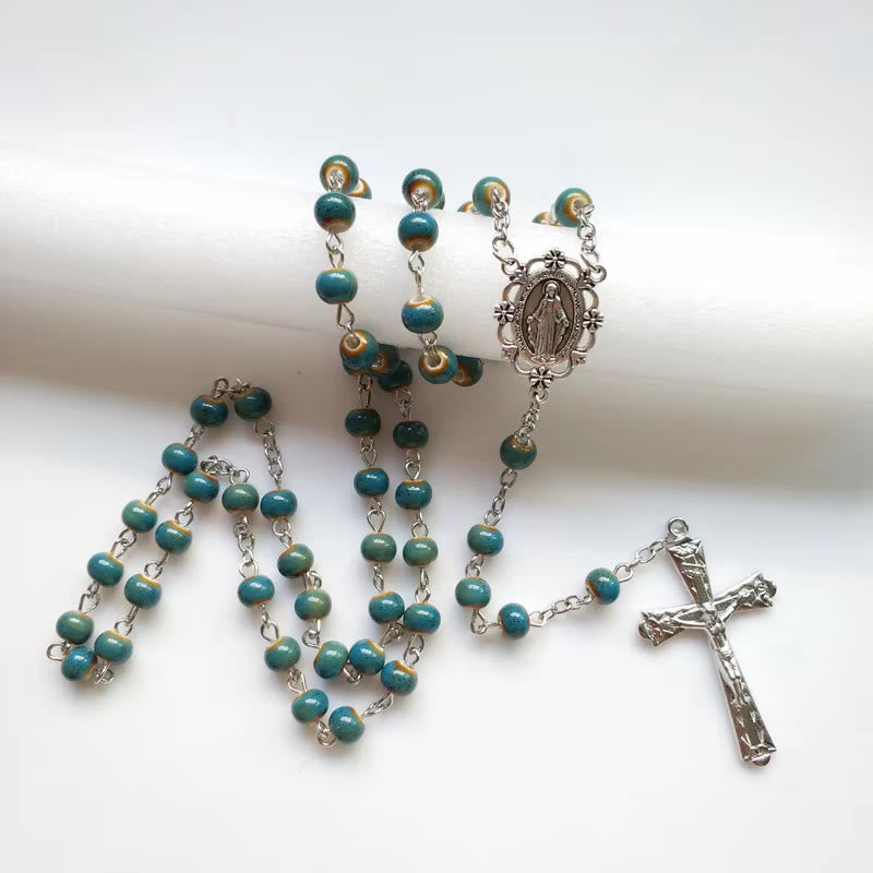 christiandiscipleshop Miraculous Medal & Crucifix of 6 mm Round Blue Ceramic Alloy Chain Rosary