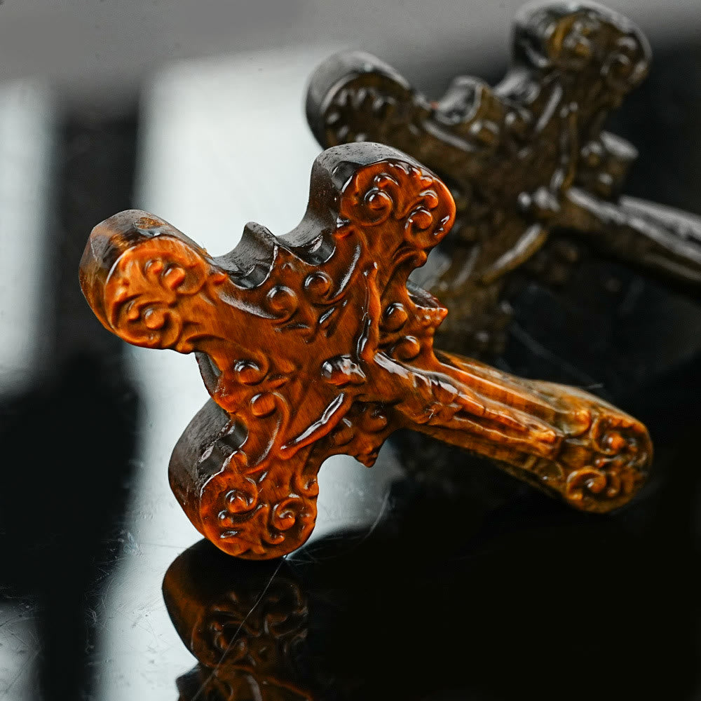 Christiandiscipleshop Natural Stone Tiger Eye Labradorite Obsidian Lapis Lazuli Scrollwork Crucifix Adornments