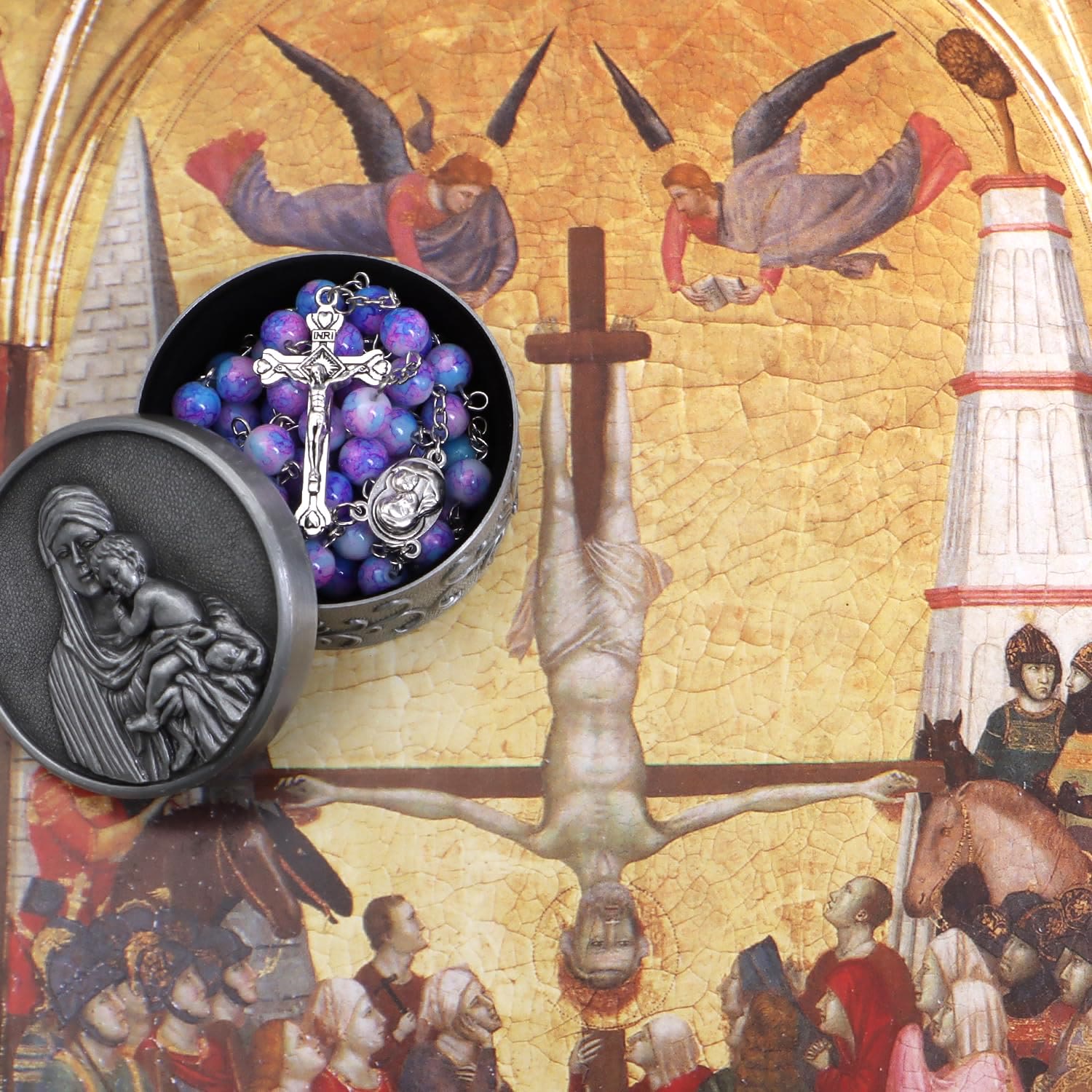 christiandiscipleshop Madonna and Child & Crucifix of 8 mm Round Multicolor Acrylic Alloy Chain Rosary