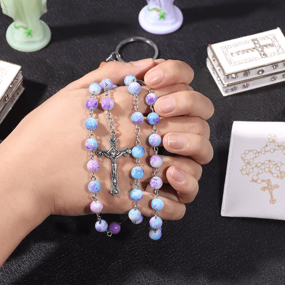 christiandiscipleshop Madonna and Child & Crucifix of 8 mm Round Multicolor Acrylic Alloy Chain Rosary