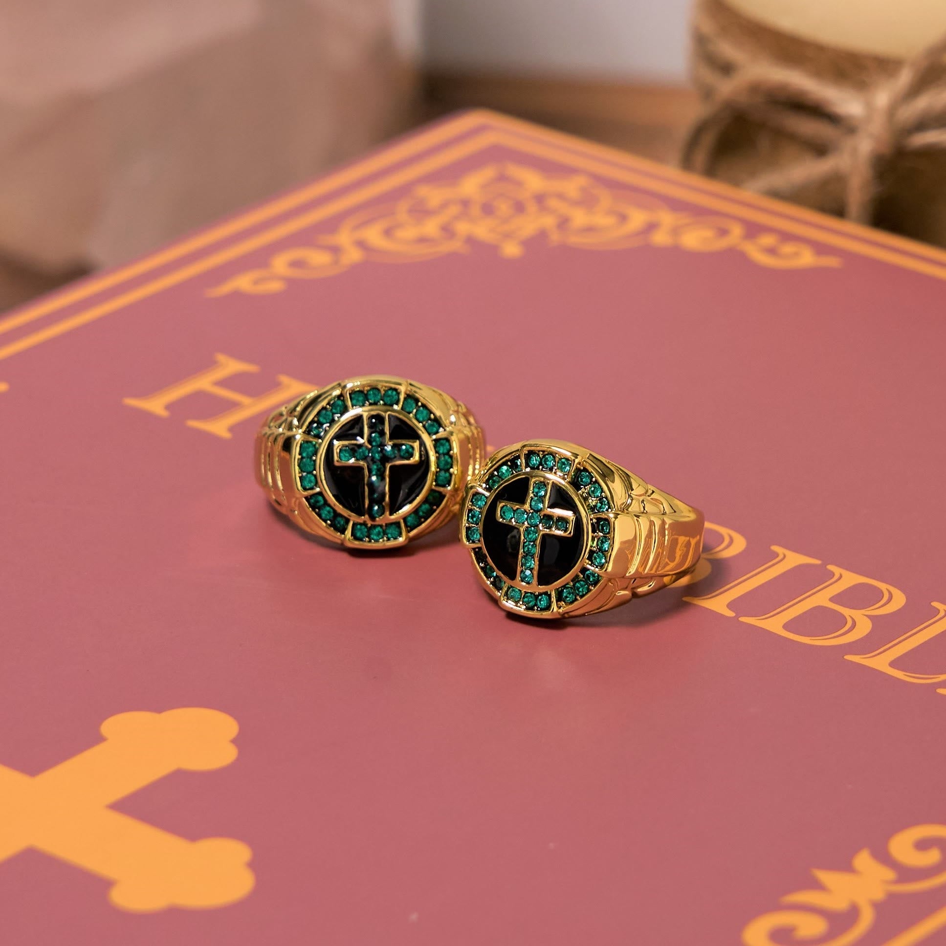 Christiandiscipleshop Retro Style Green Gemstones Cross Golden Alloy Ring
