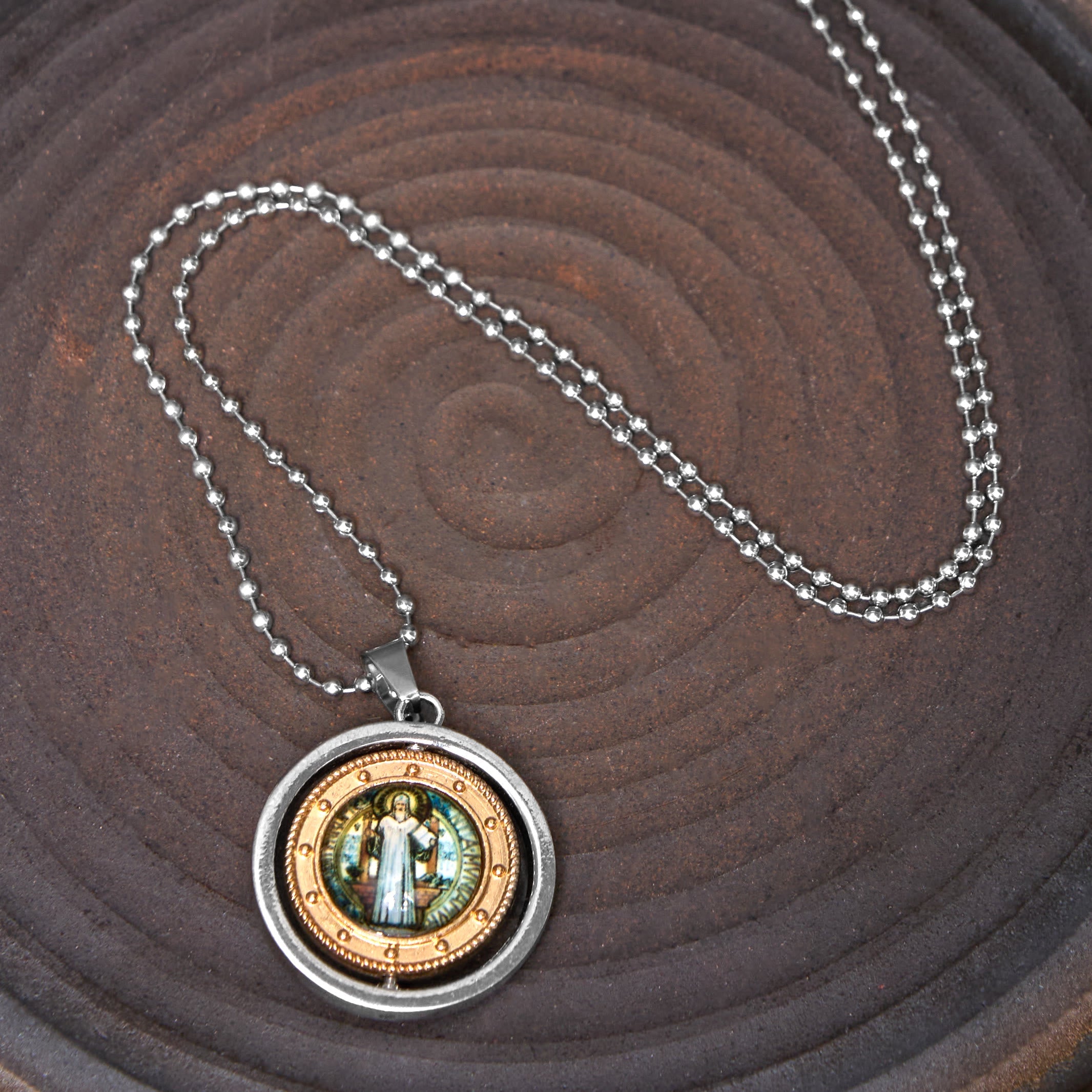 Christiandiscipleshop Retro Style Jesus St. Benendict Vrigin Mary Icon Rotating Pendant Necklace