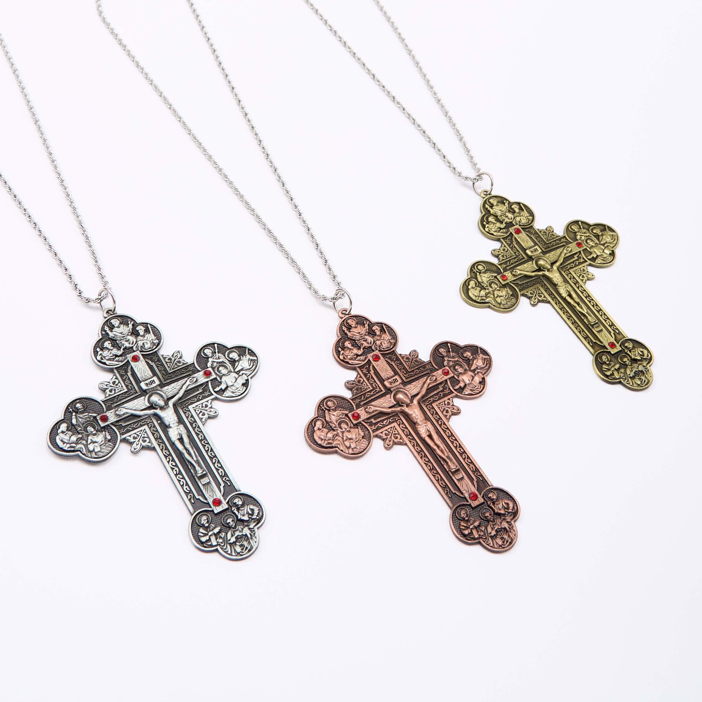 Christiandiscipleshop Classic Style Ornate Crucifix with All Saint Iconography & Red Gems Accents Pendant Necklace
