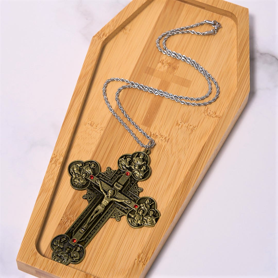 Christiandiscipleshop Classic Style Ornate Crucifix with All Saint Iconography & Red Gems Accents Pendant Necklace