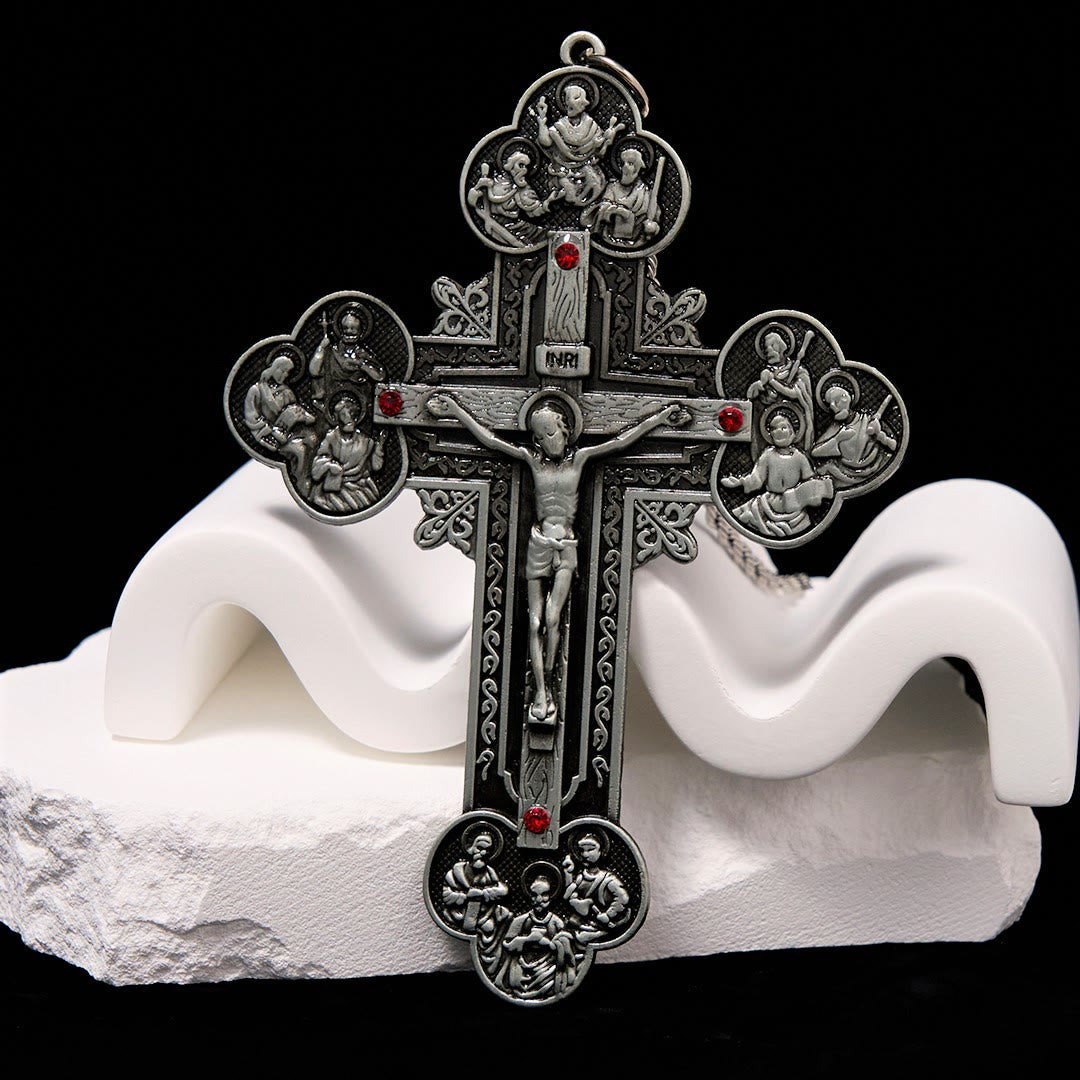 Christiandiscipleshop Classic Style Ornate Crucifix with All Saint Iconography & Red Gems Accents Pendant Necklace