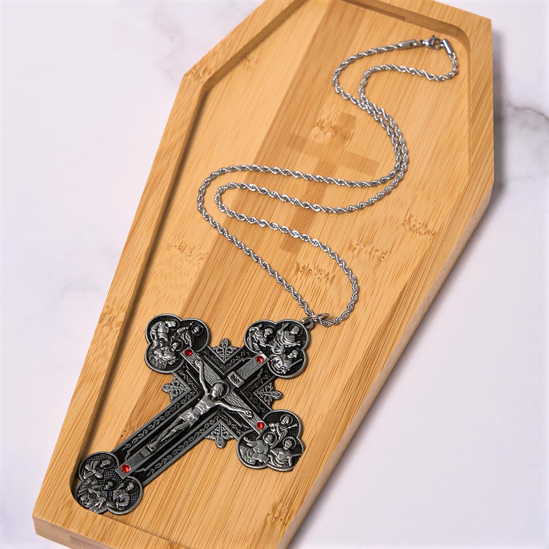 Christiandiscipleshop Classic Style Ornate Crucifix with All Saint Iconography & Red Gems Accents Pendant Necklace