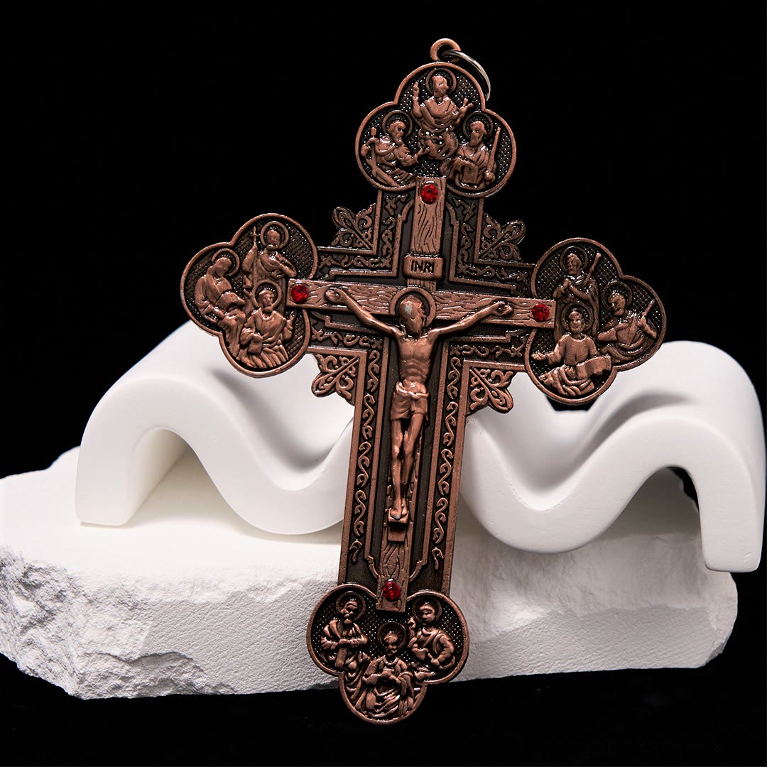 Christiandiscipleshop Classic Style Ornate Crucifix with All Saint Iconography & Red Gems Accents Pendant Necklace