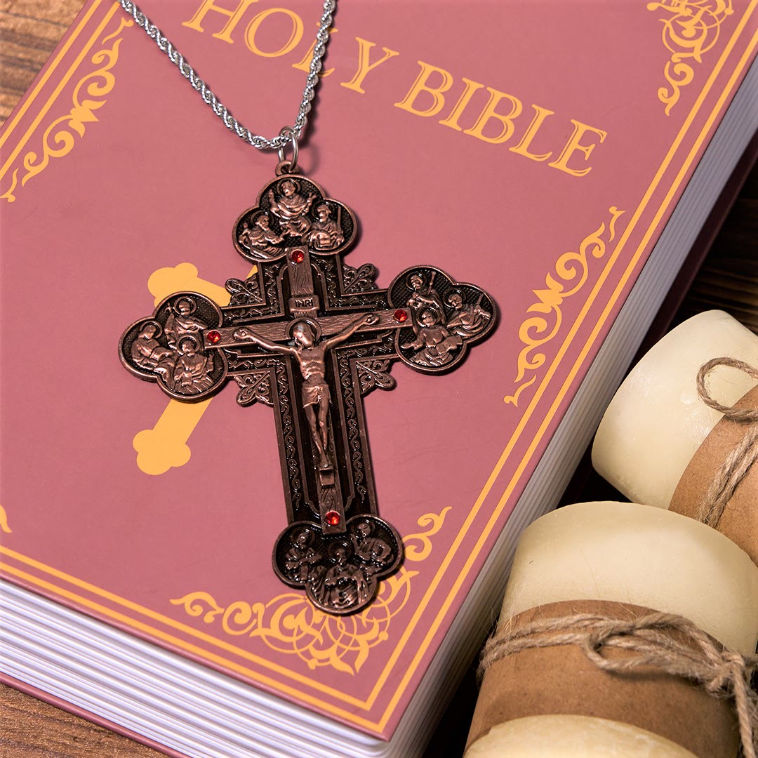 Christiandiscipleshop Classic Style Ornate Crucifix with All Saint Iconography & Red Gems Accents Pendant Necklace
