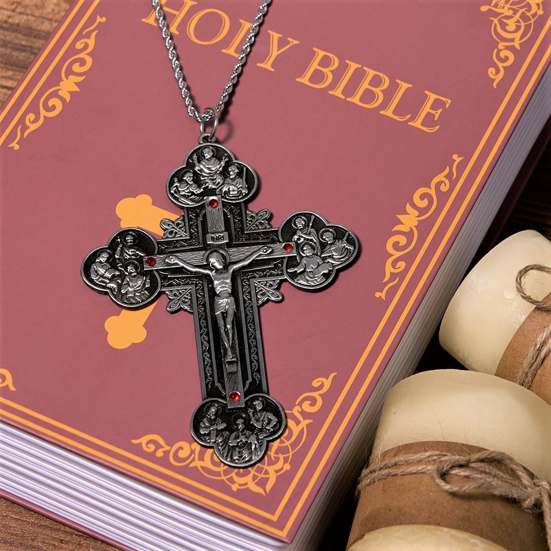 Christiandiscipleshop Classic Style Ornate Crucifix with All Saint Iconography & Red Gems Accents Pendant Necklace