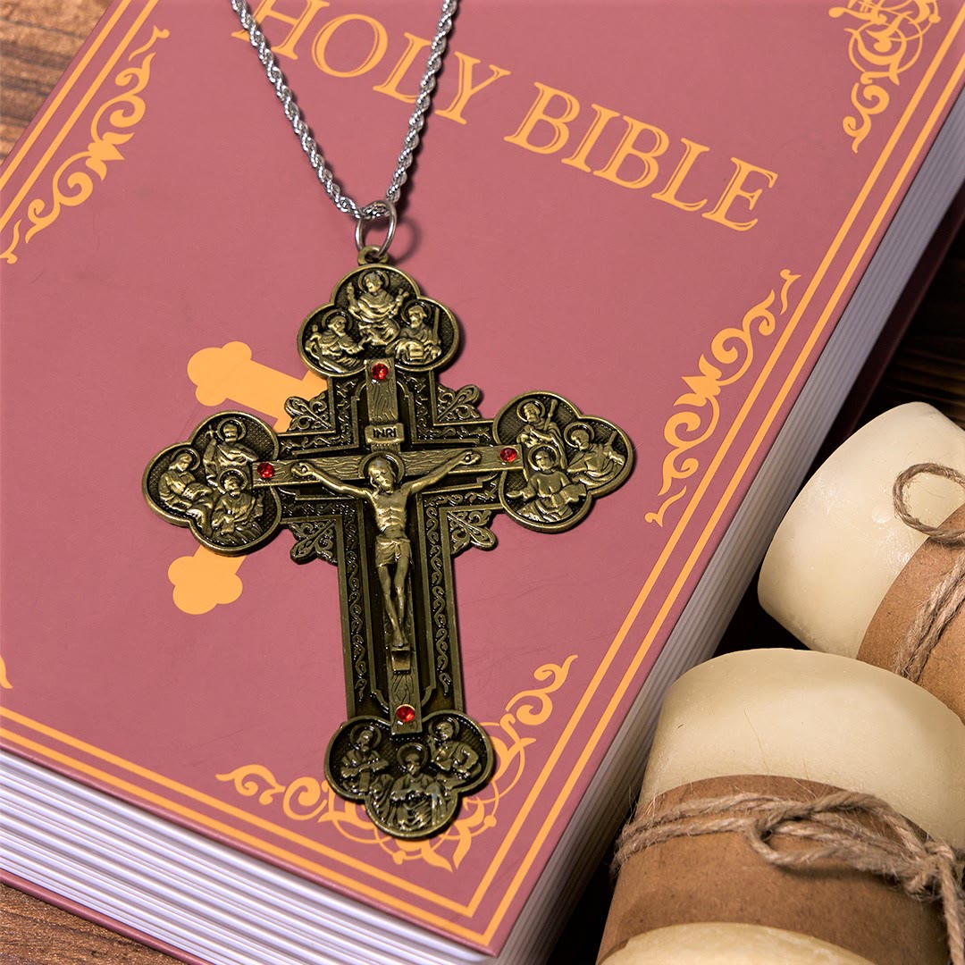 Christiandiscipleshop Classic Style Ornate Crucifix with All Saint Iconography & Red Gems Accents Pendant Necklace