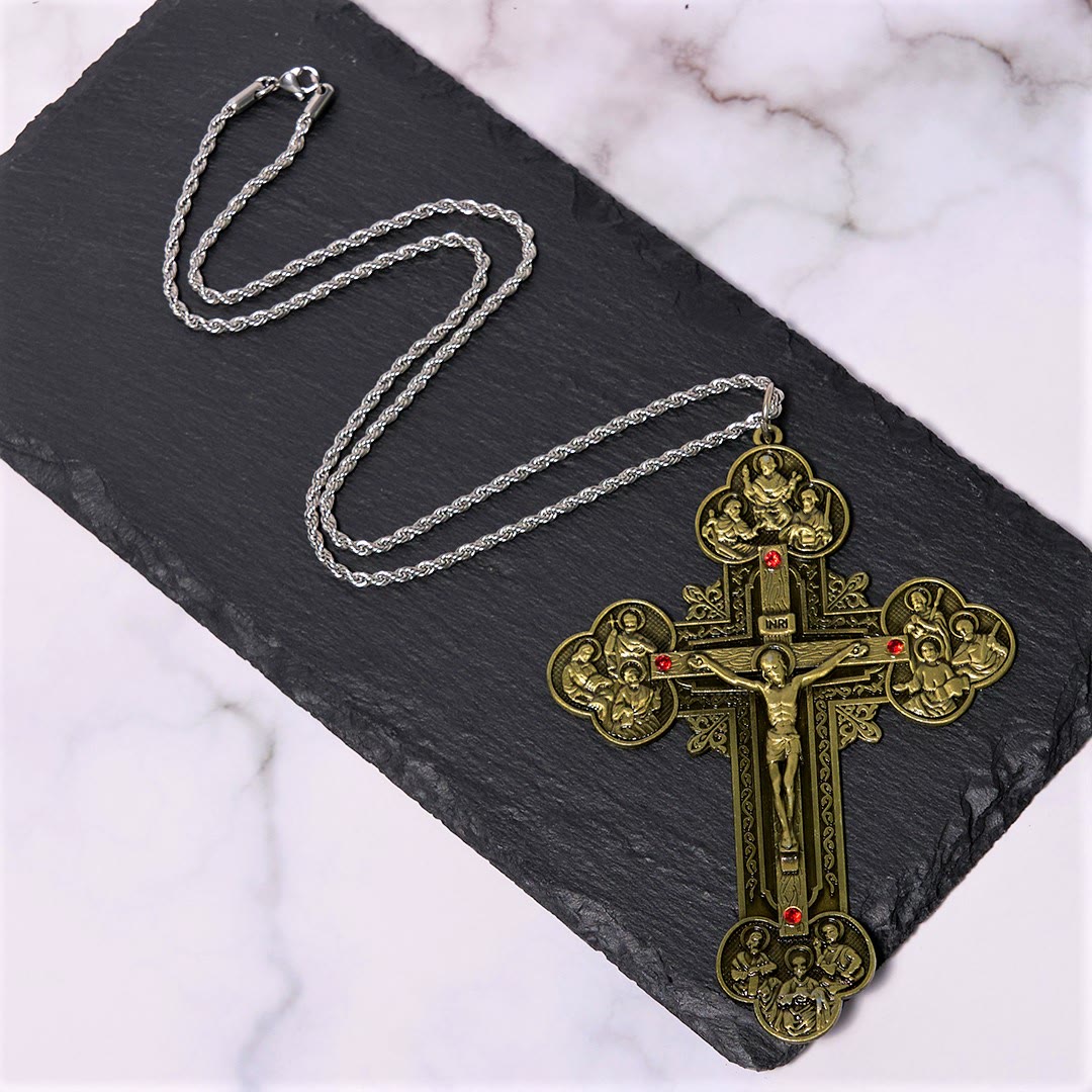 Christiandiscipleshop Classic Style Ornate Crucifix with All Saint Iconography & Red Gems Accents Pendant Necklace