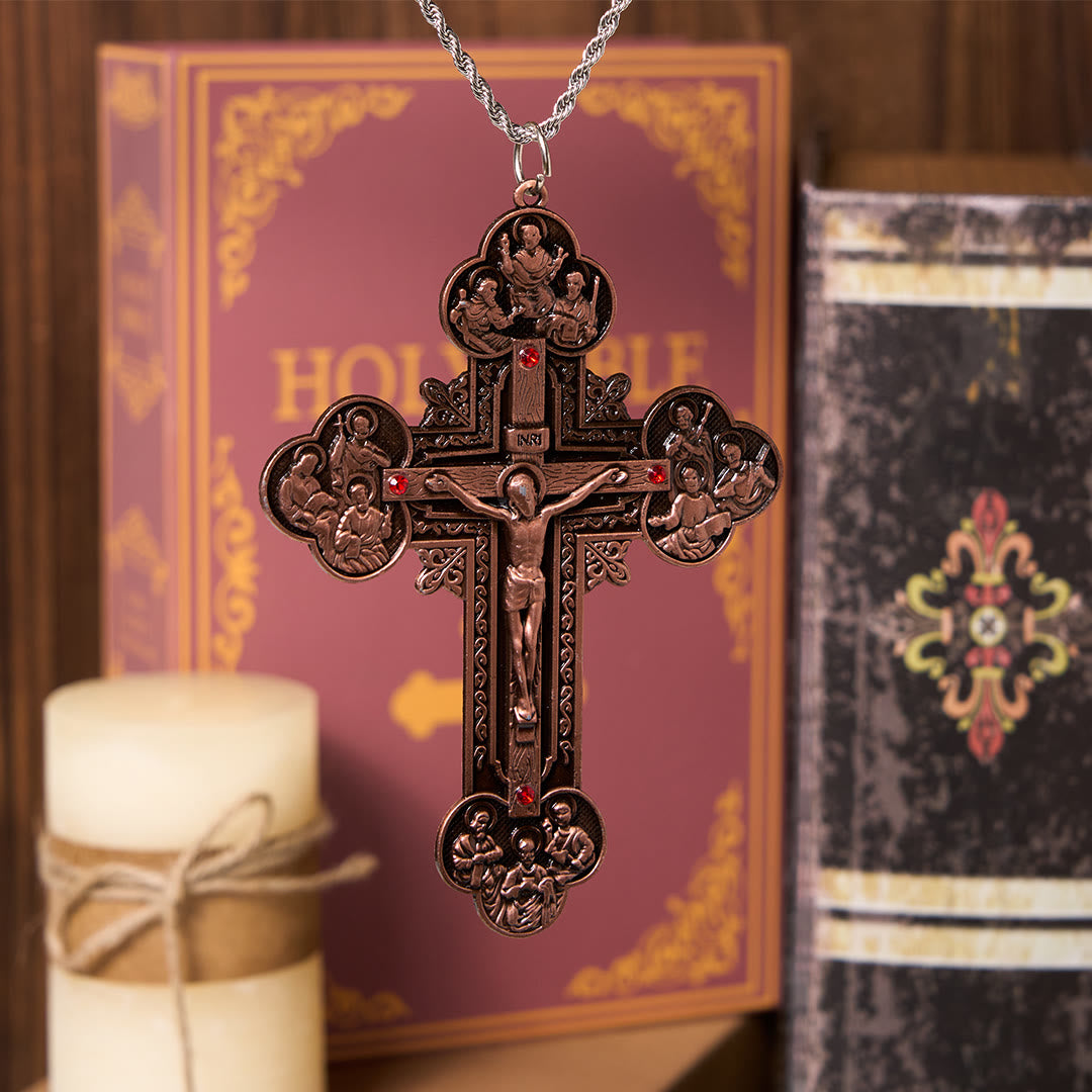 Christiandiscipleshop Classic Style Ornate Crucifix with All Saint Iconography & Red Gems Accents Pendant Necklace
