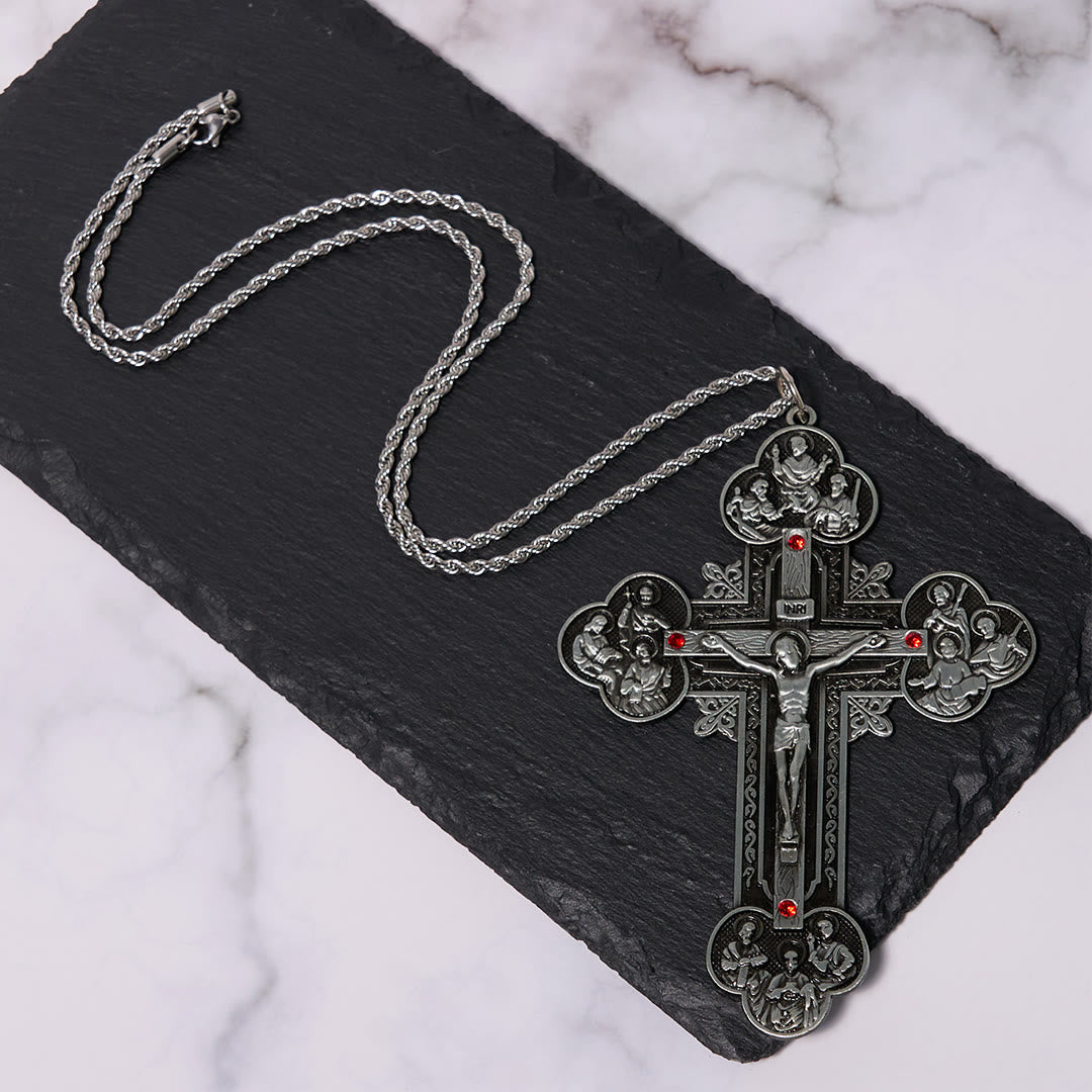 Christiandiscipleshop Classic Style Ornate Crucifix with All Saint Iconography & Red Gems Accents Pendant Necklace