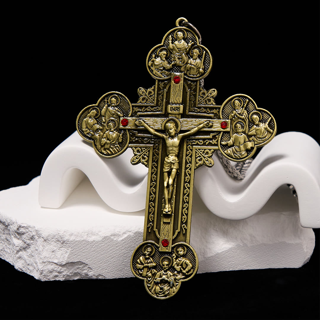 Christiandiscipleshop Classic Style Ornate Crucifix with All Saint Iconography & Red Gems Accents Pendant Necklace