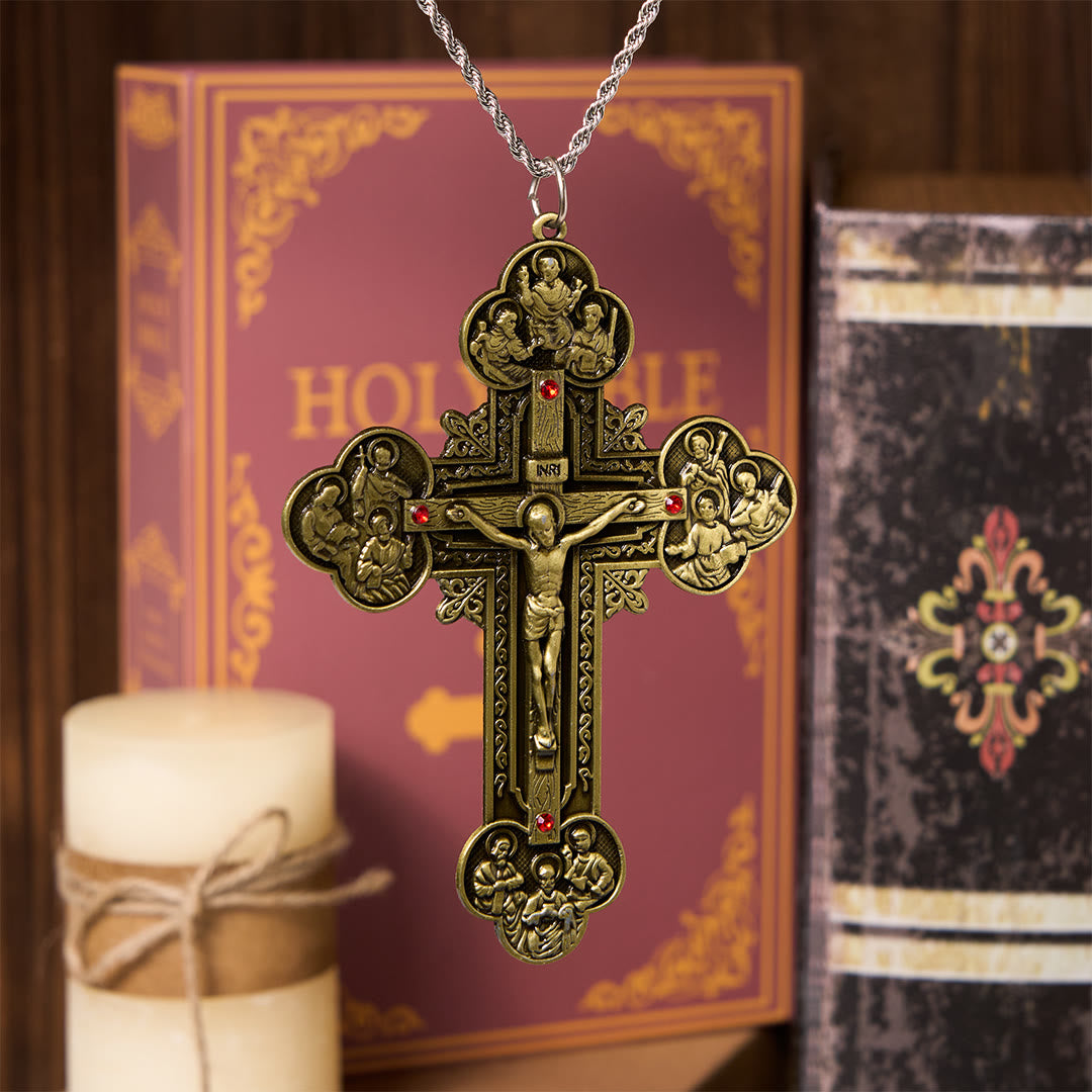 Christiandiscipleshop Classic Style Ornate Crucifix with All Saint Iconography & Red Gems Accents Pendant Necklace