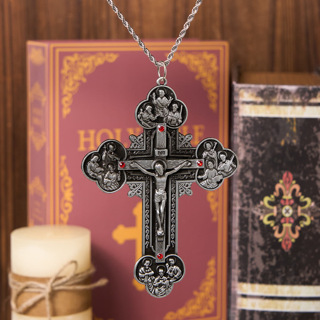 Christiandiscipleshop Classic Style Ornate Crucifix with All Saint Iconography & Red Gems Accents Pendant Necklace