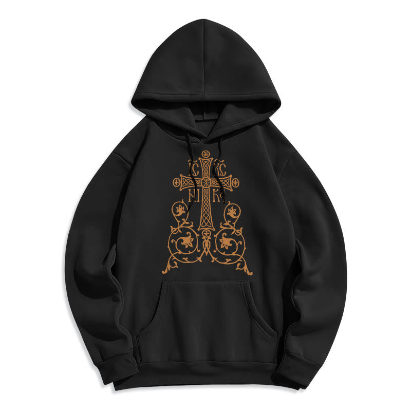 Christiandiscipleshop Classic Style Sacred Cross Emblem Floral Vines Fleece Lined Polyester Hoodie