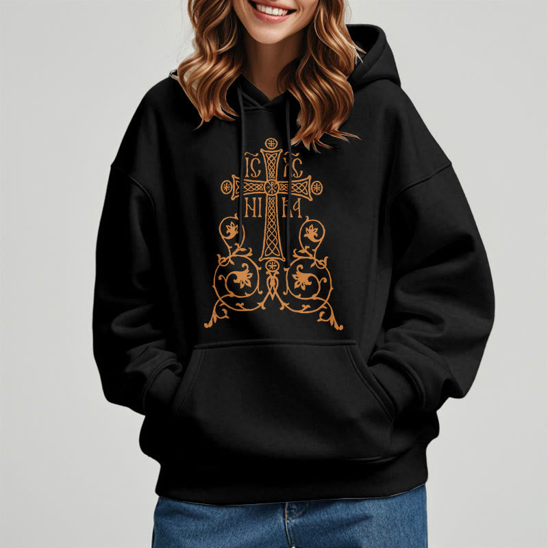 Christiandiscipleshop Classic Style Sacred Cross Emblem Floral Vines Fleece Lined Polyester Hoodie