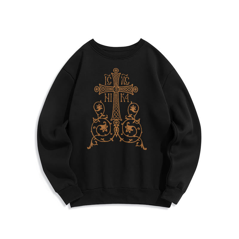 Christiandiscipleshop Classic Style Sacred Cross Emblem Floral Vines Fleece Lined Polyester Sweatshirt