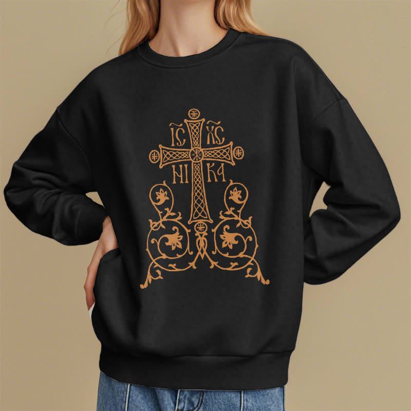 Christiandiscipleshop Classic Style Sacred Cross Emblem Floral Vines Fleece Lined Polyester Sweatshirt