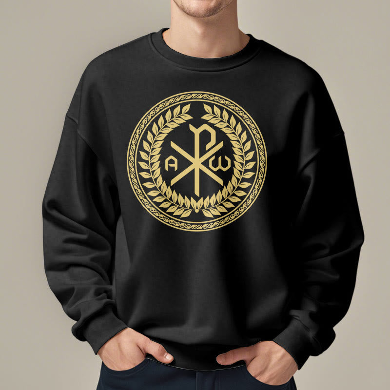 Christiandiscipleshop Classic Style Sacred Chi-rho Emblem Laurel Wreath Fleece Lined Polyester Sweatshirt