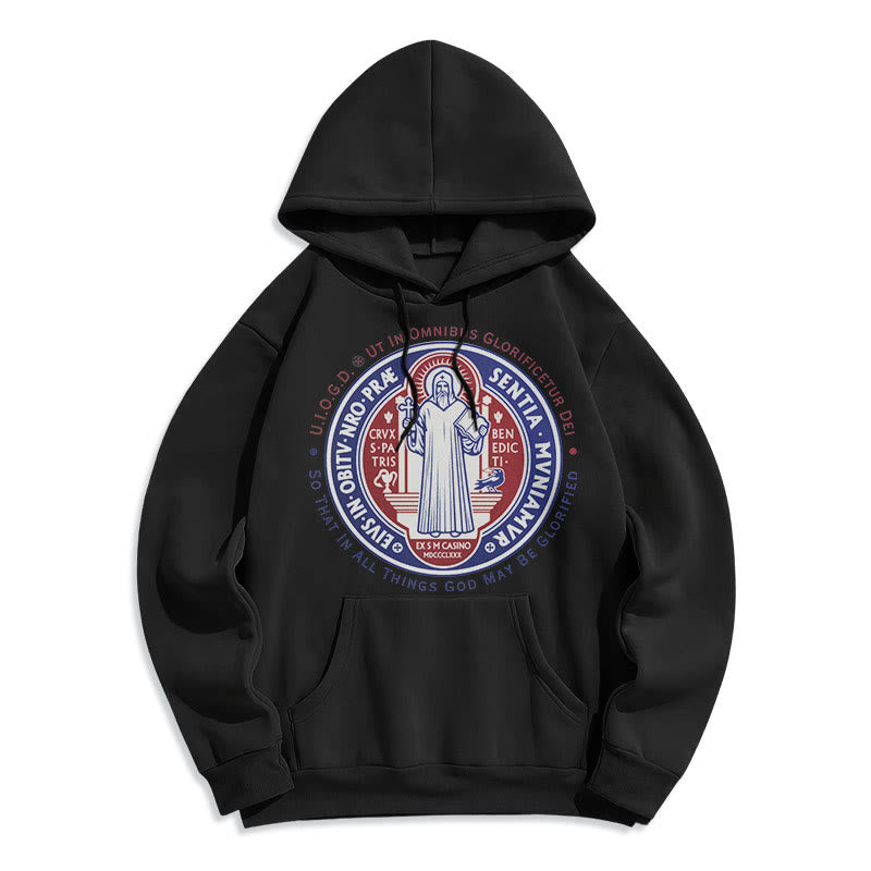 Christianartworkshop Classic Colored Style St. Benedict Medal Emblem Fleece Lined Polyester Hoodie