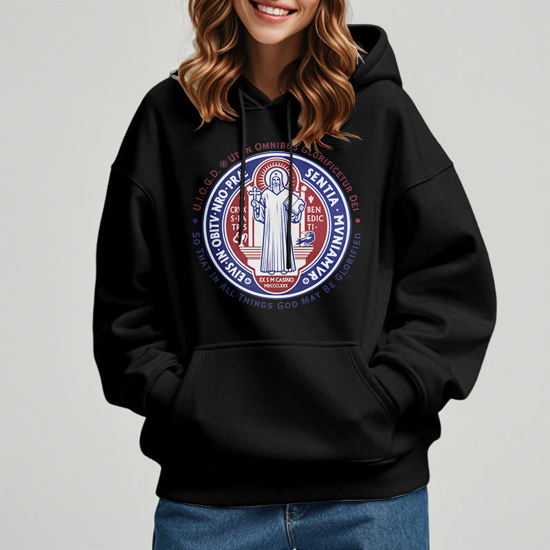 Christianartworkshop Classic Colored Style St. Benedict Medal Emblem Fleece Lined Polyester Hoodie
