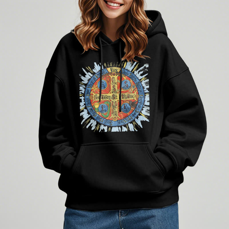 Christianartworkshop Classic Colored Style Pax Benedictine Cross Fleece Lined Polyester Hoodie