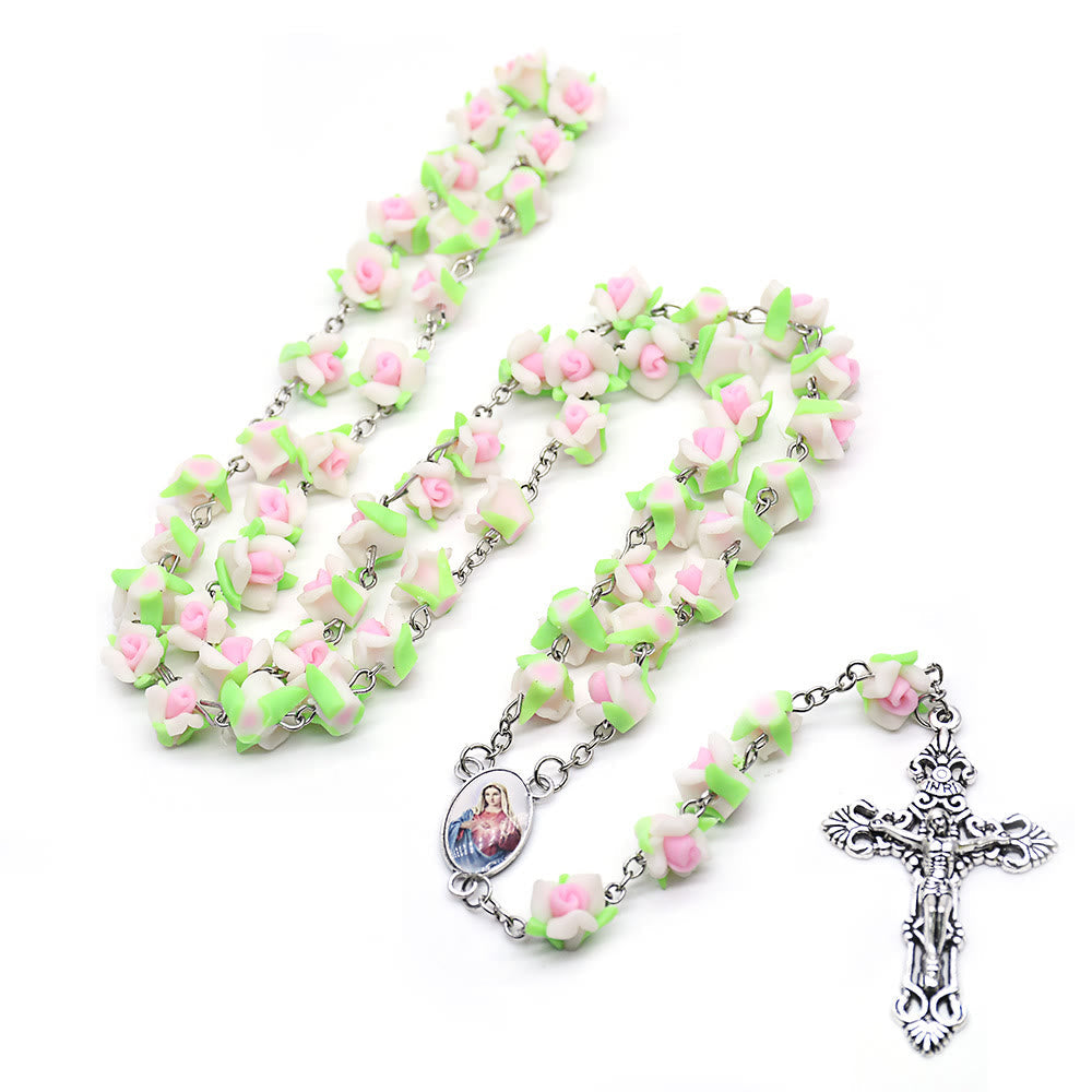 christiandiscipleshop Immaculate Heart of Mary & Crucifix of 6*8 mm Rose Multicolor Polymer Clay Alloy Chain Rosary