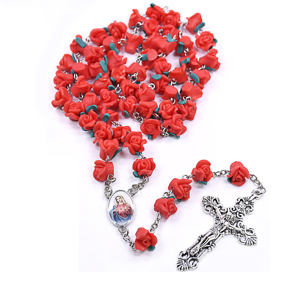 christiandiscipleshop Immaculate Heart of Mary & Crucifix of 6*8 mm Rose Multicolor Polymer Clay Alloy Chain Rosary