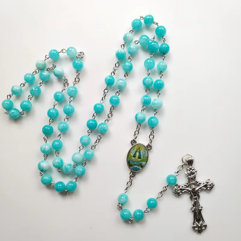 christiandiscipleshop Virgin Mary & Crucifix of 8 mm Round Blue Stone Alloy Chain Rosary