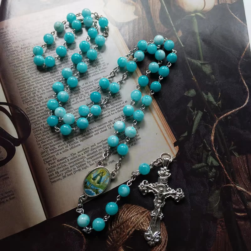 christiandiscipleshop Virgin Mary & Crucifix of 8 mm Round Blue Stone Alloy Chain Rosary