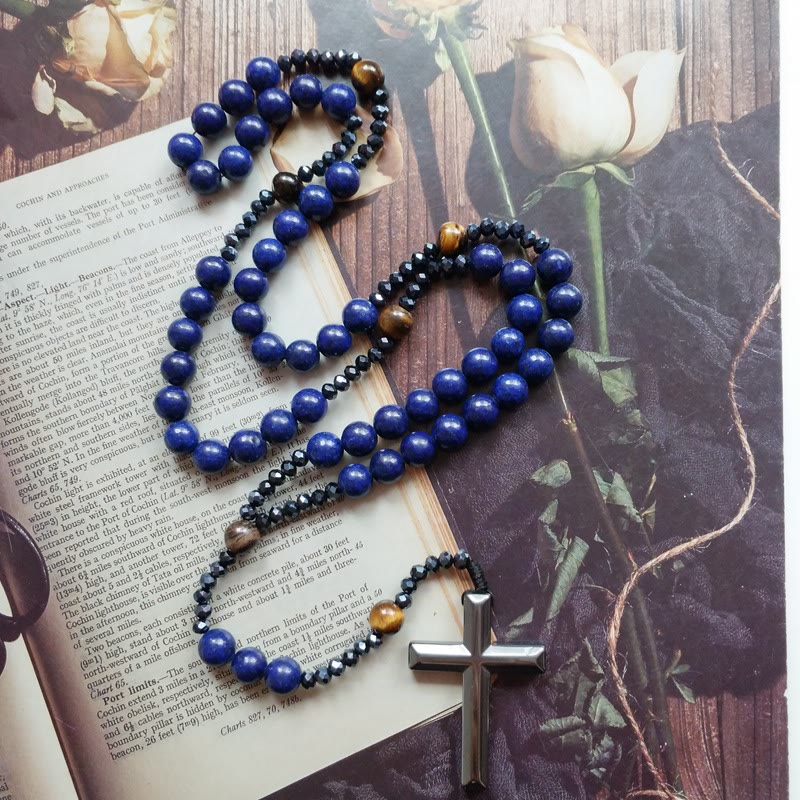 Christiandiscipleshop Cross of 4*8 mm Round Blue Hematite Bluestone Nylon Cord Rosary
