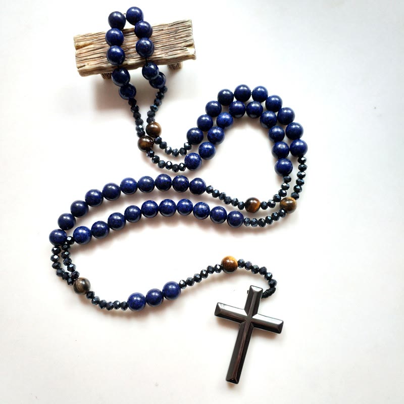 Christiandiscipleshop Cross of 4*8 mm Round Blue Hematite Bluestone Nylon Cord Rosary