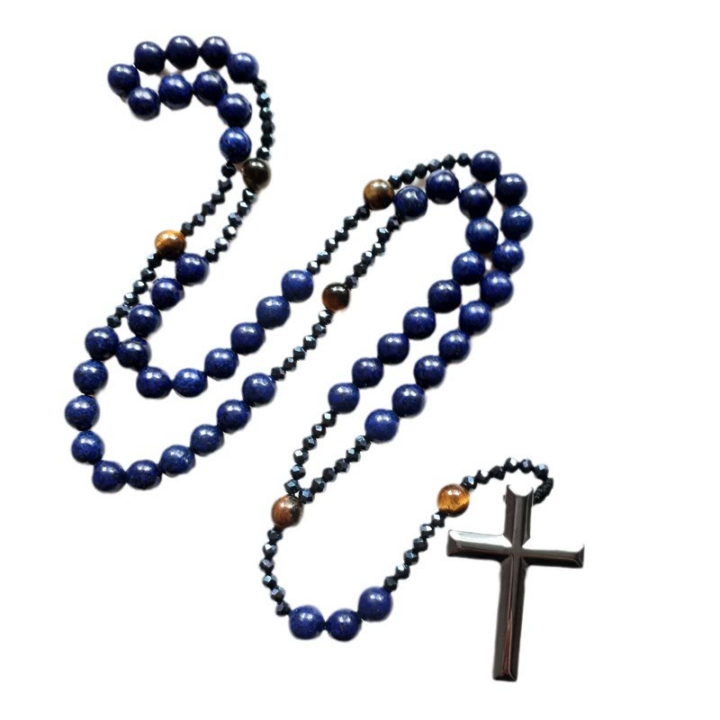 Christiandiscipleshop Cross of 4*8 mm Round Blue Hematite Bluestone Nylon Cord Rosary