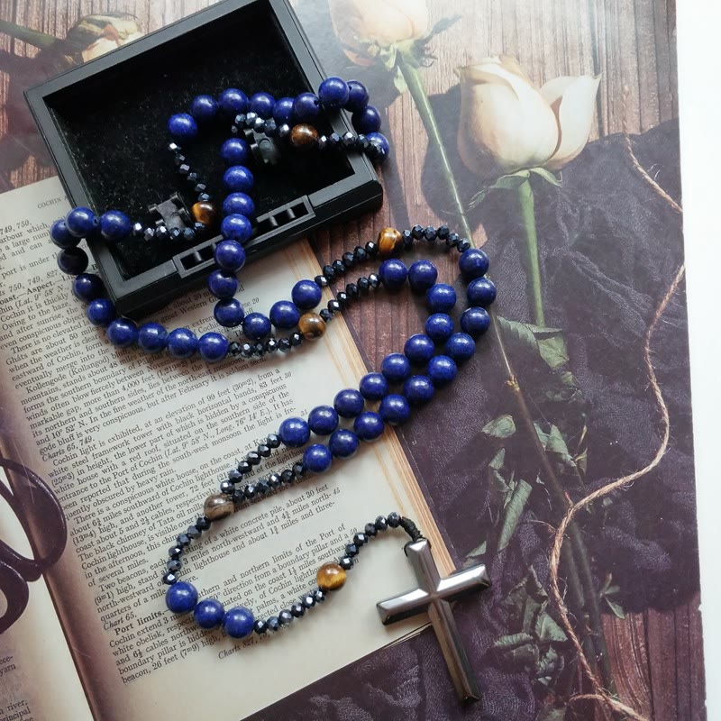 Christiandiscipleshop Cross of 4*8 mm Round Blue Hematite Bluestone Nylon Cord Rosary