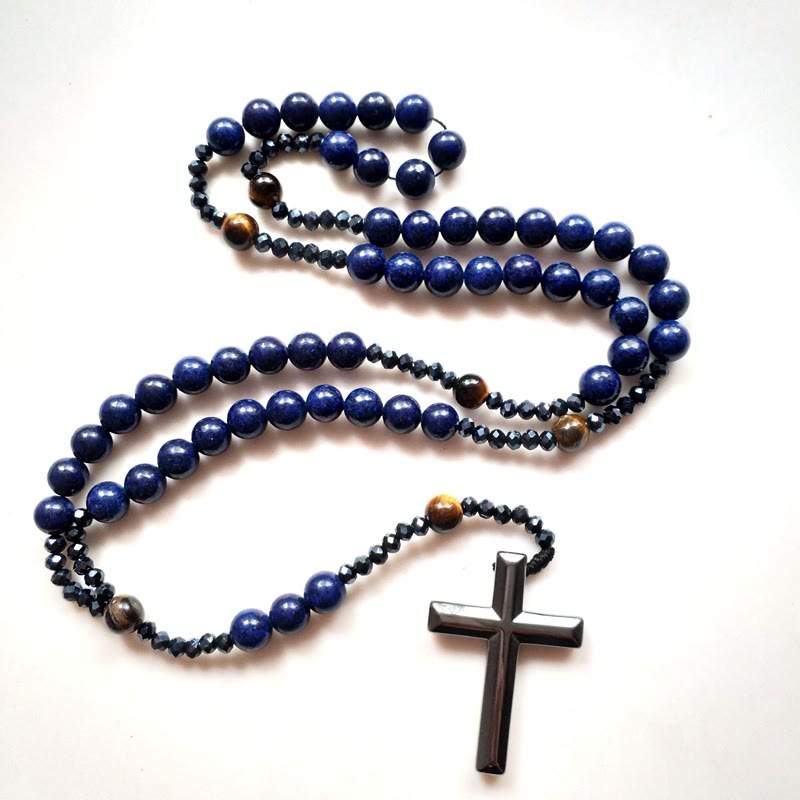 Christiandiscipleshop Cross of 4*8 mm Round Blue Hematite Bluestone Nylon Cord Rosary