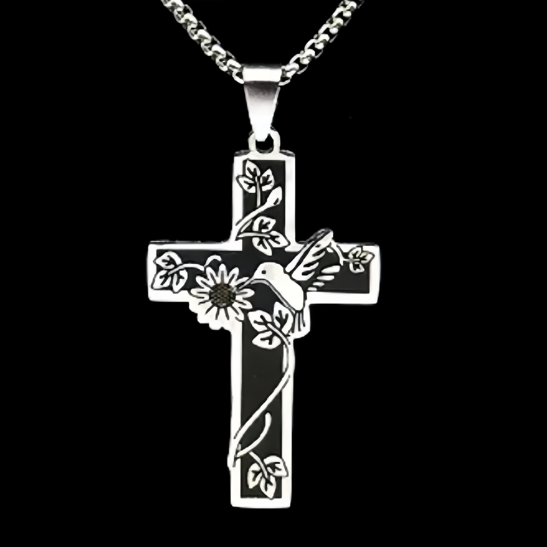 christiandiscipleshop Modern Style Hummingbird Floral Vines Cross Pendant Necklace