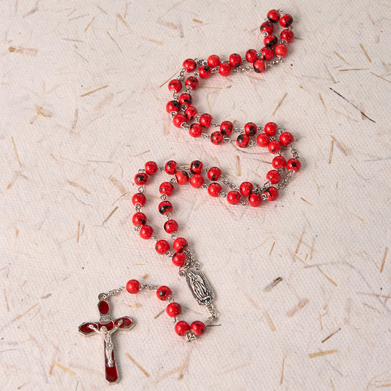Christiandiscipleshop Our Lady of Guadalupe & Crucifix of 8 mm Round Red Ceramics Alloy Chain Rosary