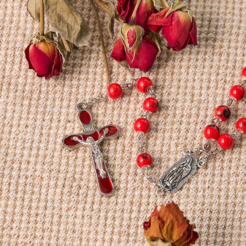 Christiandiscipleshop Our Lady of Guadalupe & Crucifix of 8 mm Round Red Ceramics Alloy Chain Rosary