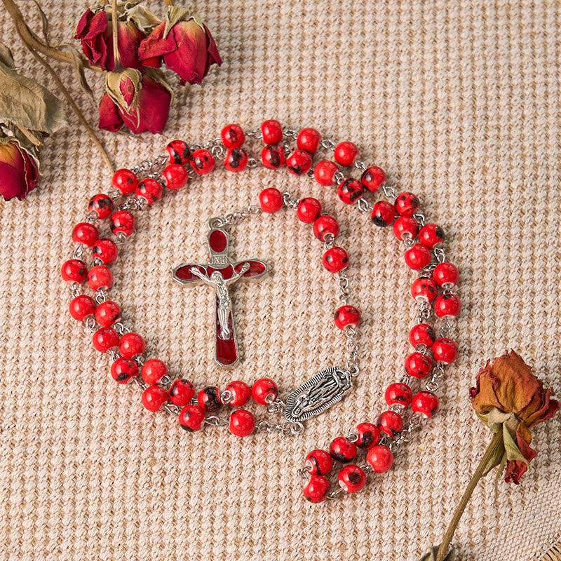 Christiandiscipleshop Our Lady of Guadalupe & Crucifix of 8 mm Round Red Ceramics Alloy Chain Rosary