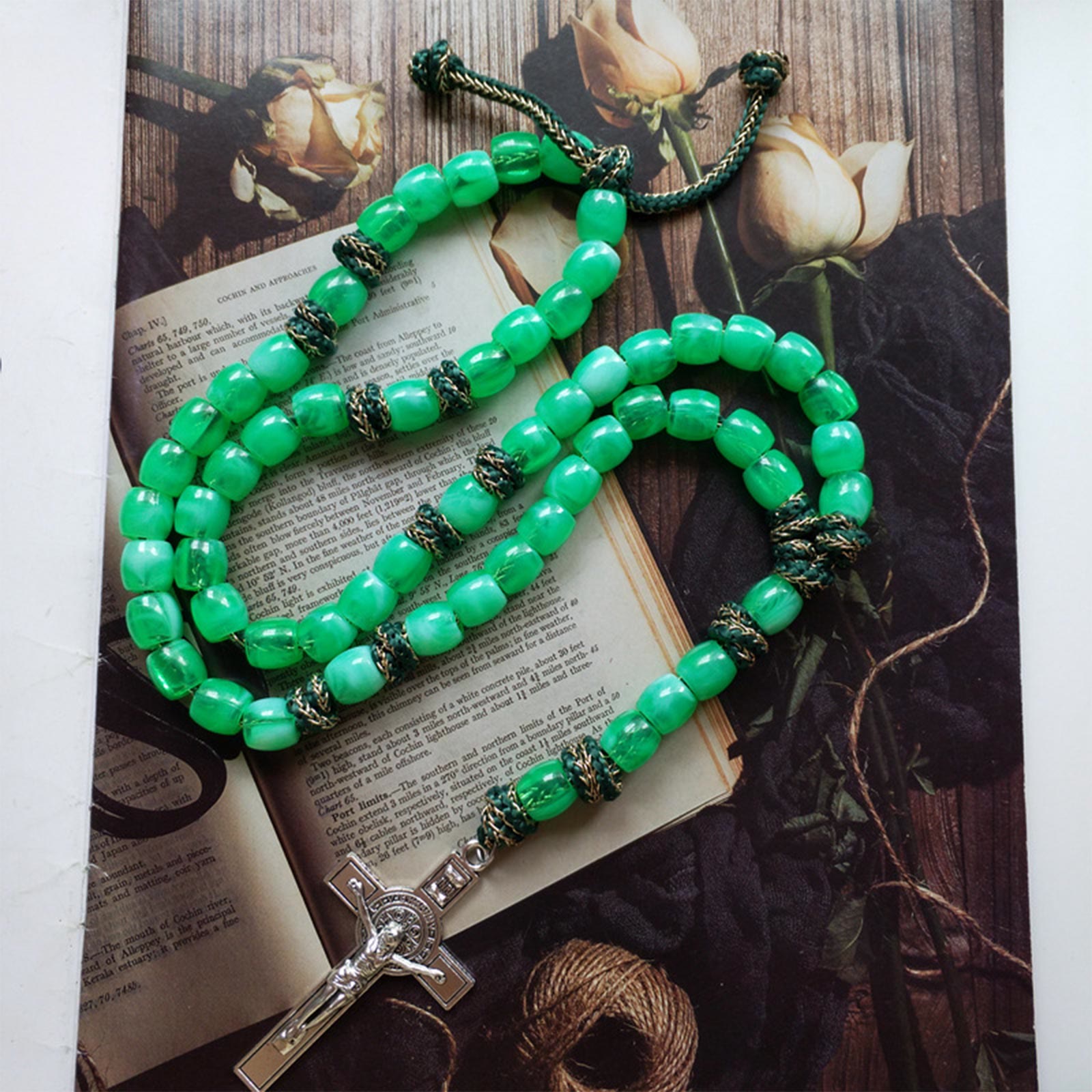 Christiandiscipleshop St. Benedict Crucifix of 12 mm Bucket Light Green Acrylic Paracord Rosary