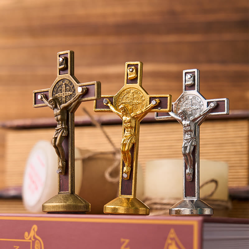 Christiandiscipleshop European Classical Traditional Wood Inlaid Alloy St. Benedict Cross Ornament