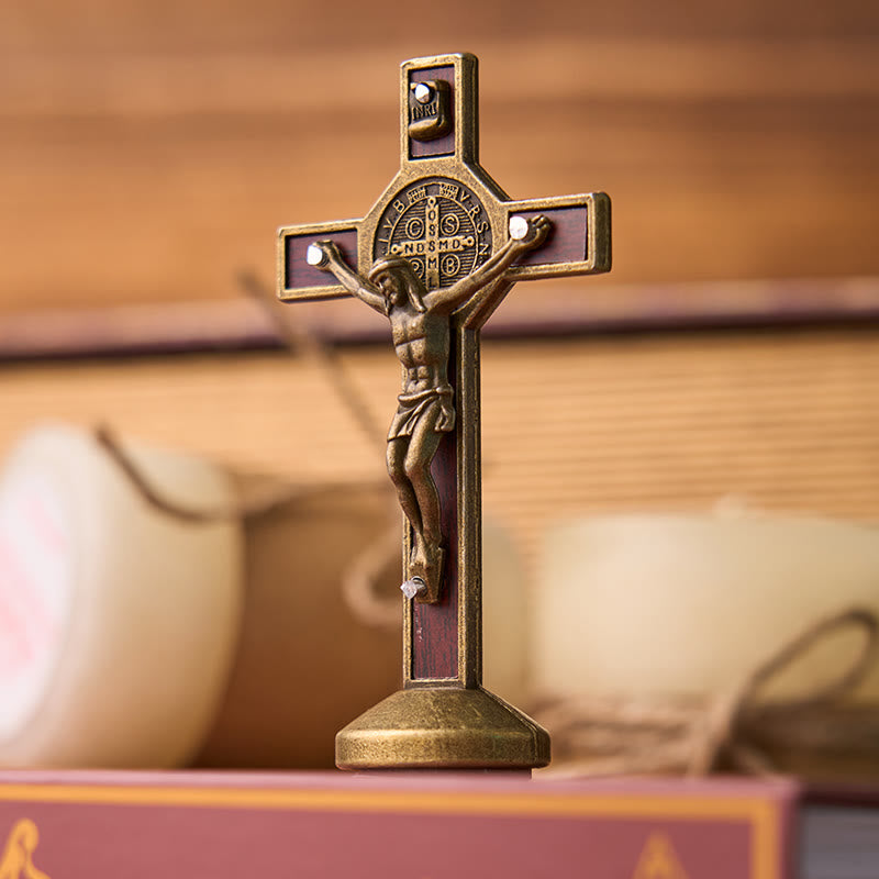 Christiandiscipleshop European Classical Traditional Wood Inlaid Alloy St. Benedict Cross Ornament