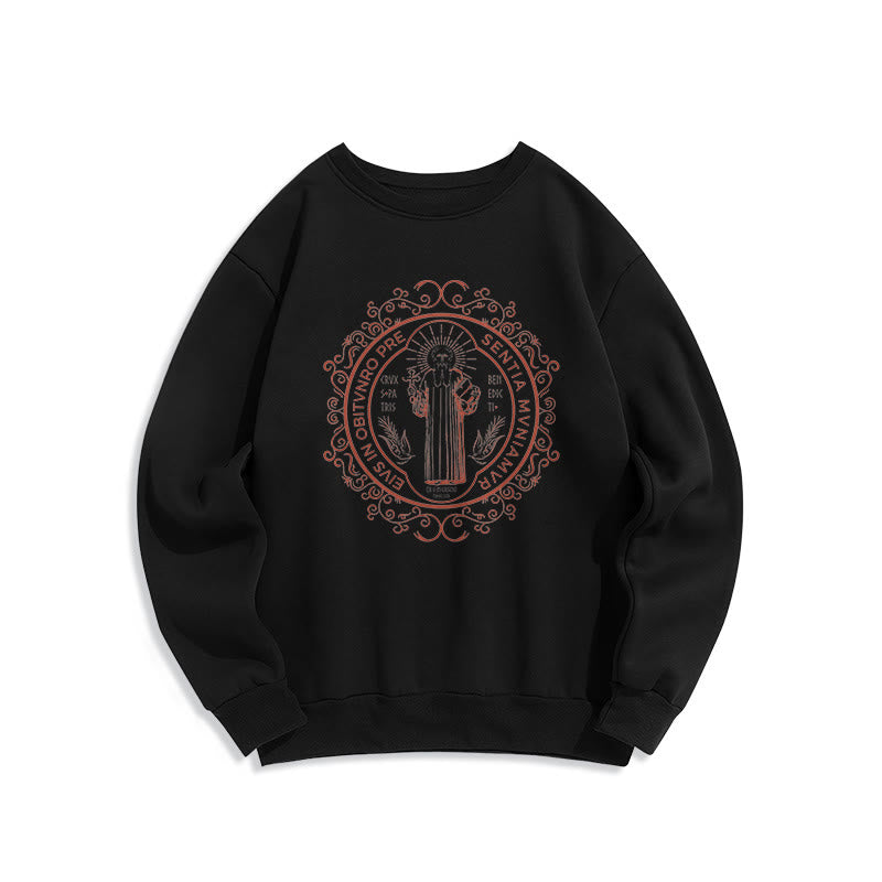 Christiandiscipleshop Classic Style Floral St. Benedict Embelm Fleece Lined Polyester Sweatshirt